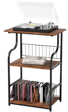 Levede 3-Tier Record Player Stand with Large Desktop, Vinyl Storage Rack, Turntable Stand & Side Table for Living Room, Vintage Brown & Black