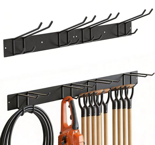 Hejo 2 Pcs Heavy Duty Garden Tool Storage Rack, Holds Up to 150 kg | Wall Mounted Garage Tool Organiser with 4 Double Layer Hooks for Shed, Garage, Workshop & Outdoor Storage Solutions