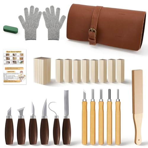 Ultimate 25-Piece Woodworking Kit, Professional Whittling Tools for Beginners & Adults, 11 Carving Knives, 9 Poplar Wood Blocks, Walnut Handles, Stainless Steel Blades & Leather Bag