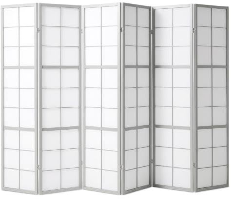 Homestyle4u Paravent Raumteiler 6-teilig Grau Weiß | Sichtschutz Trennwand Holz Reispapier Shoji
