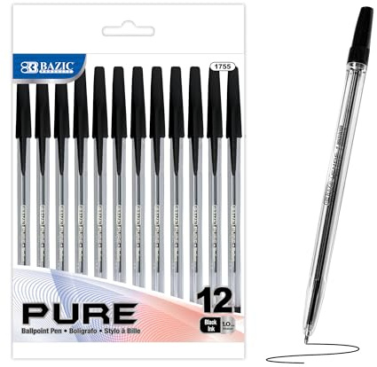 BAZIC Pure Black Stick Pen (12/Pack)