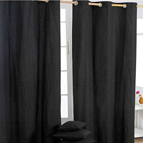 HOMESCAPES Black Eyelet Curtain Pair 137cm (54) Wide x 182cm (72) Drop Plain Heavy Unlined Curtains