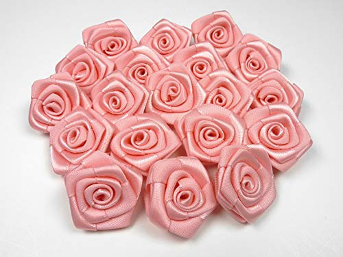 Rosen 3 cm x 10 Stück Satinrosen Aufnäher Deko Blumen Röschen zum Basteln Hochzeit kleine Rosenköpfe Farbe: Hell Rosa 150