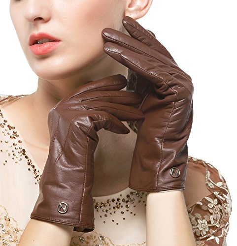 Nappaglo Damen klassische Lederhandschuhe Touchscreen Italienisches Lammfell Winter Warm Reines Kaschmir-Futter Handschuhe (M (Umfang der Handfläche:17.8-19.0cm), Dunkelbraun(Touchscreen))