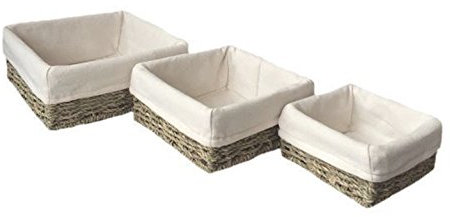 Red Hamper Set of 3 Cotton Lined Square Seagrass Tray, Wood, Brown, 22 x 22 x 10 cm