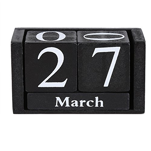 Vintage Holz Perpetual Desktop Kalender Holzblock Monat Datumsanzeige Home Office Dekoration(Schwarz)