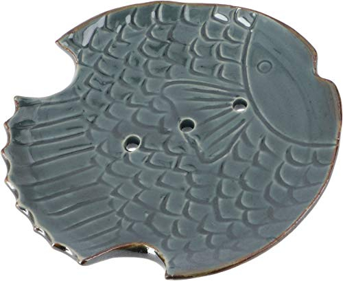 GURU SHOP Exotische Keramik Seifenschale - Fisch/graublau, 2x12x12 cm, Seifenschalen