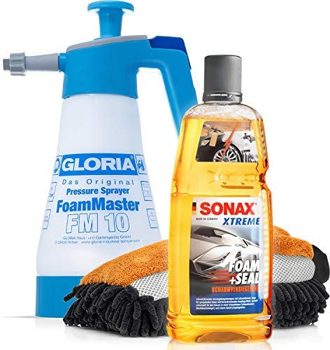 Detailmate Kit de lavage auto en mousse, lavage scellant: Sonax Xtreme Foam and Seal - Scellant en mousse 1L + vaporisateur à pompe à main Gloria FM10 + gant professionnel de lavage microfibre 3en1