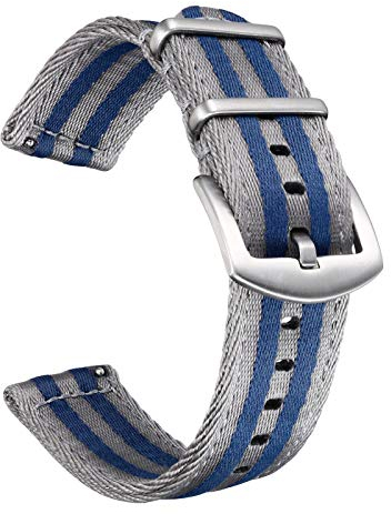 Militär Canvas Seat Belt Nylon Uhrenarmband für Männer Frauen mit Schnellverschluss Edelstahl Silberne Schnalle, Grau/Blau Gestreift, 22mm