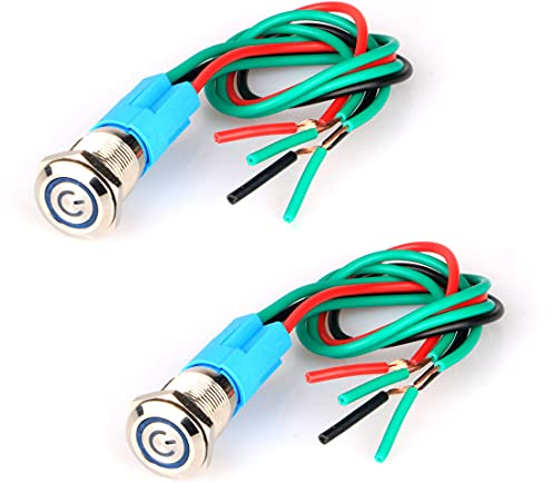 GUUZI 2pcs Interruptor de Botón Pulsador Autobloqueo,Acero Inoxidable Impermeable 220V-230V/3A Interruptor LED Iluminado con Enchufe de Cable Adecuado para Orificio de Montaje de 12mm(Azul)