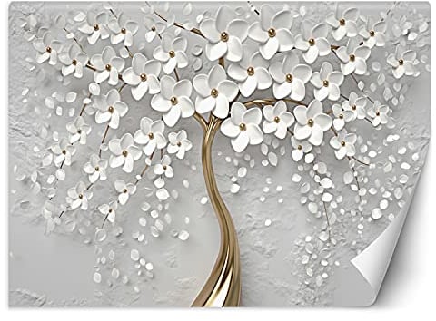 Feeby Fototapete XXL Baum Blumen Grafik 400x280 cm Gold Vliestapete Moderne Design Wandtapete Küche Flur Wohnzimmer Büro Badezimmer Kinderzimmer 3D-Effekt 3D-Illusion