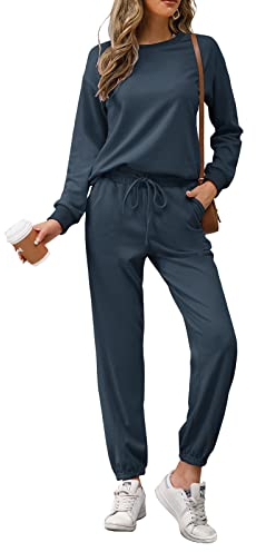 REORIA Damen Tracksuit Langarm Rundhalsausschnitt Einfarbig Zweiteiler Outfit Hoodie Jogger Trainingsanzug Set Sweatshirt & Jogginghose Marine L