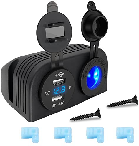 Hoembpn 4.2A Dual USB Car Charger with LED Voltmeter,12V/24V Cigarette Lighter Socket Waterproof Two Hole Tent Panel for Cars Boats Marine Motorcycle ATV RV