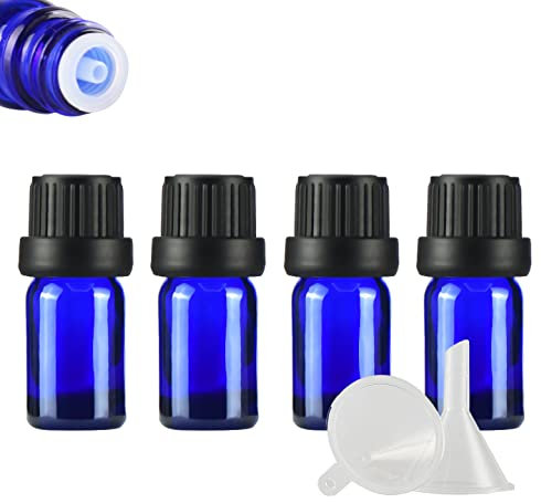 ZEOABSY 4 Pcs 5ml Blue Glass Dropper Bottle with Tamper Evident Black Dripper Cap for Essential Oils Fragrances Aromatherapy Cosmetic Travel Bottles Vials