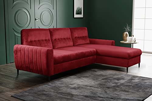 mb-moebel Ecksofa mit Schlaffunktion und Bettkasten aus Samt | Couch für Wohnzimmer, Schlafsofa Sofagarnitur Sofa Eckcouch L-Form Wohnlandschaft mit Bettfunktion 247x86x164 Noir (Rechts, Rot)