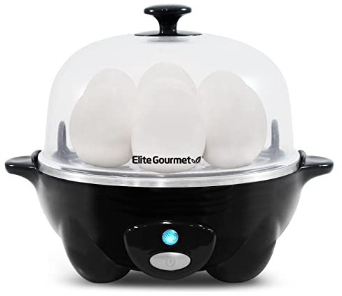 Elite Gourmet EGC-007B# Rapid Egg Cooker, 7 Easy-To-Peel, Hard, Medium, Soft Boiled Eggs, Poacher, Omelet Maker, Auto Shut-Off, Alarm, 16-Recipe Booklet, Black