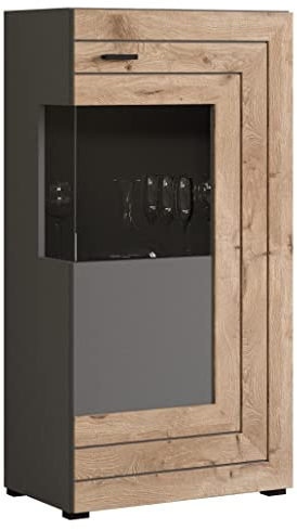 Newroom Vitrine Grau Eiche Vitrinenschrank Modern - 60x117x37 cm (BxHxT) - Glasvitrine Standvitrine Glasschrank - [Lianne.Four] Wohnzimmer Wohnstube Büro