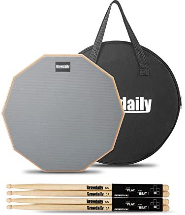 Schlagzeug-Übungs-Pad für Schlagzeug-Pad und Sticks 30,5 cm, Seite mit 2 Paar/4 Ahorn-5A Drumsticks und Aufbewahrungstasche (grau)