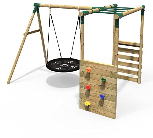 Rebo® Wooden Garden Children's Swing Set with Monkey Bar Attachment - Mercury Green | OutdoorToys | Kids' Outdoor Wooden Play Equipment for Gardens, Frame and Accessories Included, Weather Resistant