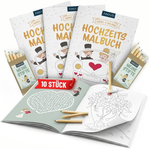 AMARI ® Hochzeitsmalbuch 10er Set inkl. Buntstifte - Gastgeschenk für jede Hochzeit - Kinder Malbuch Set als Beschäftigung, Gäste Notfallkörbchen - Gastgeschenke für Unterhaltung
