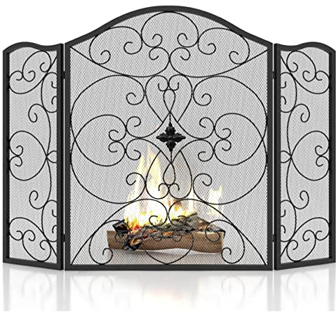 SCENDOR GARDEN Pantalla para chimenea de 3 paneles de hierro forjado de 50 pulgadas de largo x 36 pulgadas de alto, moderna y elegante, plegable, seguridad para fogones, valla protectora de chispas