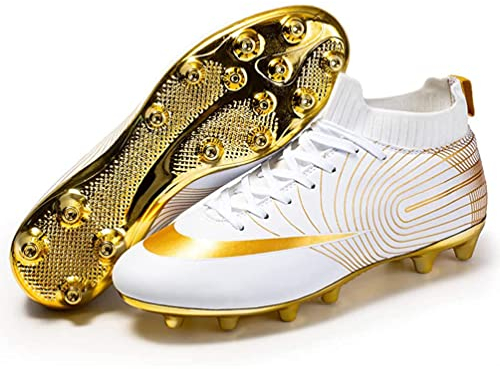 Kmrlofiy Fußballschuhe Herren High Top Spike Cleats Fussballschuhe Kinder Professionelle Outdoor Athletics Fußballschuhe Schnürsenkel Junge Trainingsschuhe Sportschuhe Wettkampf (Weiß Gold, 37EU)
