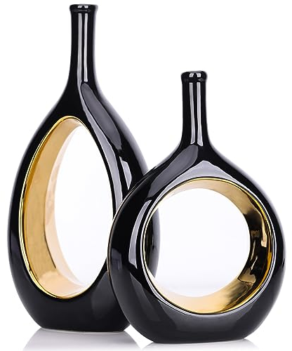 LCCCK 30 cm Hoch Vase Schwarze Gold Satz Von 2, Modern Keramik Vasen Klein Tischdeko, Boho Rund Vasen Pampasgras Deko, Ikebana Vase für Wohnzimmer, Fensterbank, Esstisch und Home Deko