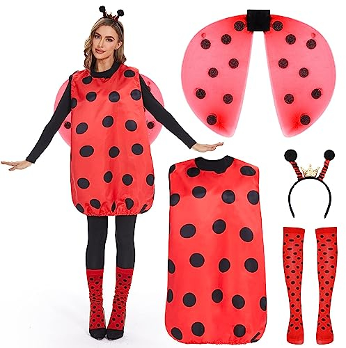 FORMIZON Marienkäfer Kostüm Erwachsene, Ladybug Kostüm mit Marienkäfer Haarreif, Flügel, Beinärme, Marienkäferkostüm Outfit für Damen Herren Karneval Dress Up Party Cosplay