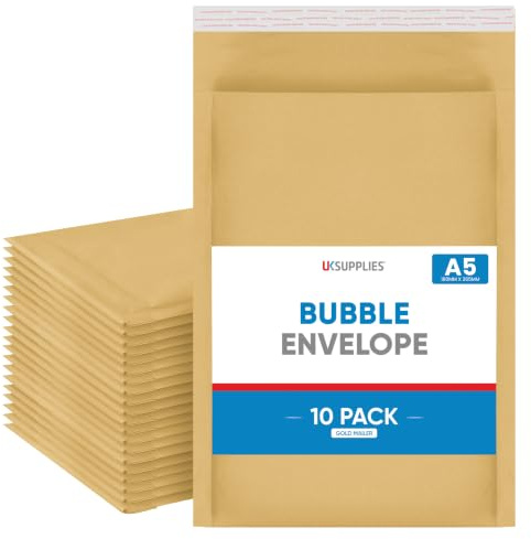 UK Supplies Ltd Gold Bubble Padded Mailer Envelope - Pick Any Size/Colour | DL A6 A5 A4 A3 Gold Bubble Padded Mailers Peel and Seal Postal Bubble Wrap Envelopes for Mailing A5 Pack of 10