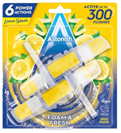 Astonish Foam & Fresh Toilet Blocks, Powerful Foam Cleaning Action, Prevents Limescale & Dirt, Lemon Splash, Pack of 2