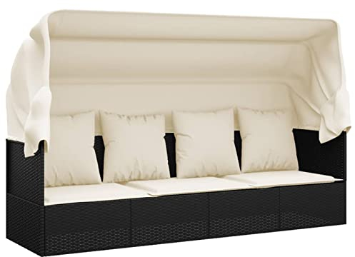 Tidyard Gartensofa mit Sonnendach Sonnenliege Outdoor Loungebett Gartenliege Lounge Gartenbank Gartenbett Sofa Gartenmöbel Liege Relaxliege Sofabett mit Dach und Kissen Rattan Sonneninsel Schwarz
