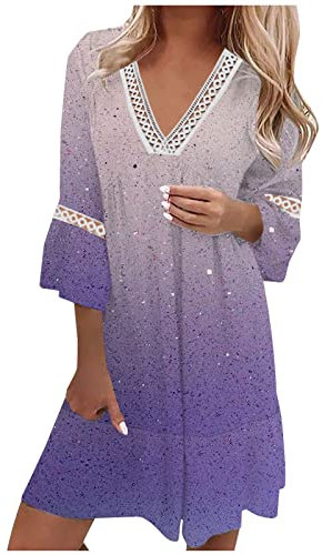 Susenstone Robes en Dentelle Femmes Fête Mariage Manches 3/4 Été Col en V Robe Mi-Longue Robes Courtes Gradient Imprimé Coupe Ample Plage Vacances Robe d'été Une Ligne Robe Évasée Swing #04 Violet