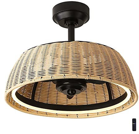 HSPLXYT Ventilateur de Plafond en rotin avec éclairage, Ventilateur de Plafond avec Gradation LED à télécommande, Moteur réversible Silencieux, for Chambre, Cuisine, Salon