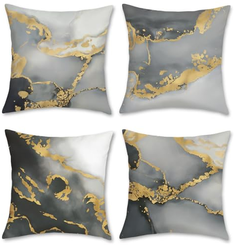 Bonhause 4er Set Kissenbezüge Grau Marmor 40 x 40 cm Doppelseitig Schwarz Gold Abstrakt Kunst Moderne Samt Soft Dekorative Kissenhülle Zierkissenbezüge für Sofa Wohnzimmer Zuhause Dekoration