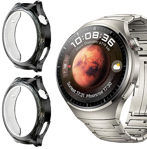 Niboow Case [2 Pack] for Huawei Watch 4 Pro, with Screen Protector, Flexible TPU Shockproof Scratch Proof Cover Case for Huawei Watch 4 Pro - Black + Black