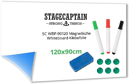 Stagecaptain WBF-90120 Magnetische Whiteboard-Klebefolie - Magnetische, beschreibbare Folie zum Ankleben - Größe: 90 x 120 cm - Inkl. Markern, Magneten und Trockenlösch-Schwamm - Weiß