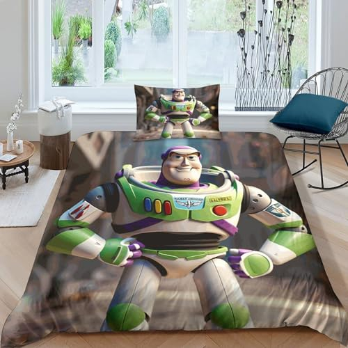 HITBOD Buzz Lightyear 3 Teilig Bettwäsche-Sets, Weiche Bettbezug Set Mit Reißverschluss Und Kissenbezug,3D Bedruckte Toy Story Deckenbezug Geeignet Single(135x200cm)