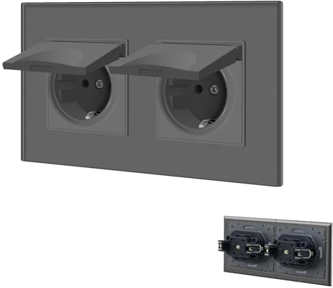 BSEED Steckdose 2 Fach mit Wasserdichter Abdeckung, Schuko Steckdose mit Steckklemme, Unterputz Steckdose mit Kristall Glas Platte, Doppelsteckdose Einbausteckdose 16Amp Wandsteckdose 157mm, Grau