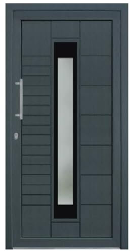 HORI® Haustür Eingangstür Kunststoff Komplettset Hauseingangstür I Farbe: grau (innen weiß) I DIN links I Modell: Stripe I 198 x 98 cm