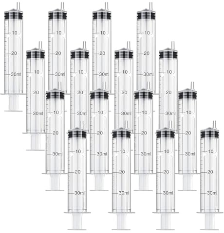 16 Stück 30ml Spritze, Steril Spritzen mit Deckel Kunststoff Spritze | Wiederverwendbare Plastik Spritze zum Kleine Haustierfütterung, Labor, Pflanzenbewässerung, Motoröl oder Bremsflüssigkeit