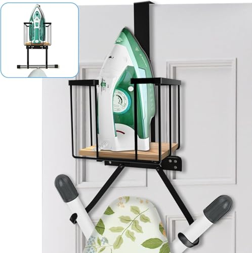 Aqash Ironing Board Hanger Over Door - Iron Holder Ironing Board Hanger Shelf Laundry Room Organization with Metal Iron Board Holder Wood Base n Adjustable Hooks for Y T Shape Legs