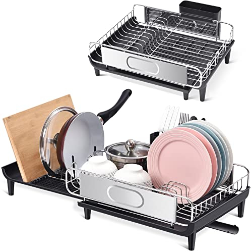Urackify Escurreplatos, Escurridor de Acero Inoxidable, Escurridor Platos, Escurreplatos expandible y escurridor de Utensilios con Rejilla Plegable, Negro