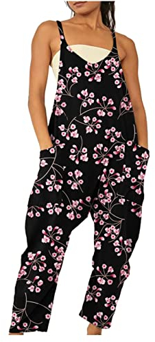 Awrvia Jumpsuit Damen Elegant Latzhose Baumwolle Kuschelig Hosenanzug Sommer Casual Einfarbig Arbeitshose Lang Weites Bein Freizeithose Oversize Trägerhose Atmungsaktiv Ärmellose Playsuit