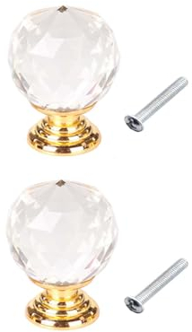 Lansonee 2 Pcs Crystal Door Knobs,Drawer Carbinet Door Handle Puller with Screws for Home Kitchen Office Drawer Cupboard Closet-Gold-25mm
