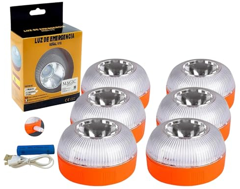 MAGIC SELECT 6X Luz de Emergencia V16, Autorizada para Señalización de Emergencias en Carretera para Coche y Moto. Linterna Imantada para Vehículo. Cargador Coche USB Doble.