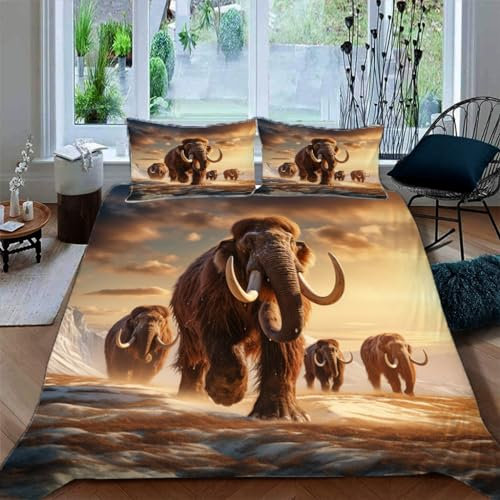 Ruiqieor Bettwäsche 135x200cm,Laufendes Mammut Motiv Bettwäsche Set 3teilig,1 Bettbezug+2 Kissenbezug 80x80 cm,3D Tier gedruckte Kinder Bettwäsche（#11）