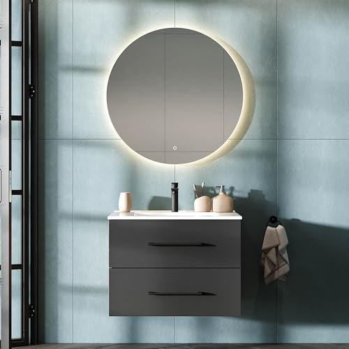 Planetmöbel LUX Badmöbel Set Waschtisch mit Waschbecken 70 cm, Spiegel mit Beleuchtung rund 80 cm (Touch-Funktion), Gold Eiche/Anthrazit