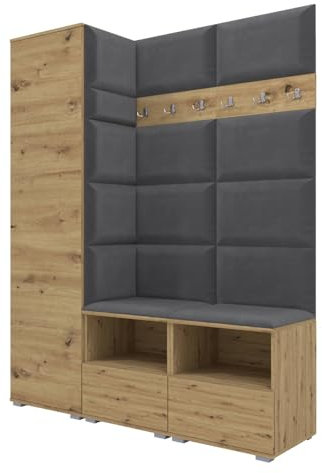 RAVIO Garderoben-Set NELA II mit Zwei Schuhschränke, 150cm Flurgarderobe mit Wandpaneele, Inklusive Montagekleber, Praktischer Wandgarderobe (Artisan Eiche + Dunkelgrau (Trinity 15))