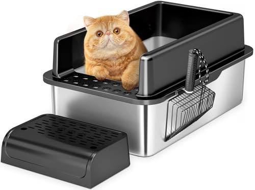 Enclosed Stainless Steel Cat Litter Box with Lid, Metal Litter Box for Big Cats, High Sided Litter Box Extra Large Easy to Clean, Never Absorbs Odors, Anti-Urine Leakage(Black, 24 * 16 * 12IN)