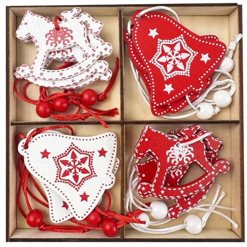 Yumatch 12 PCS Wooden Christmas Ornaments, Classic Red and White Wooden Christmas Tree Decorations, Hanging Pendants with Jingle Bells and Deers